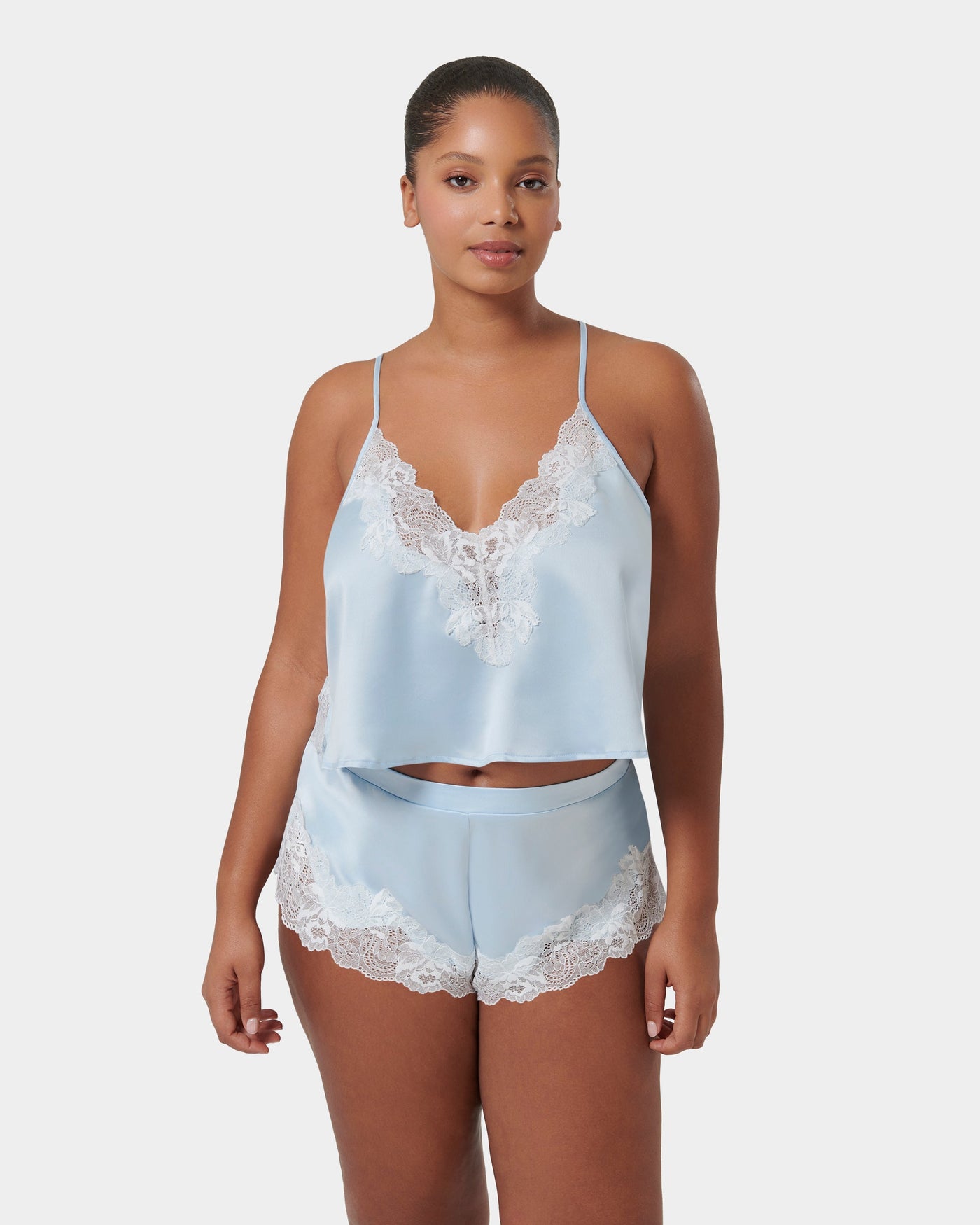 Isabella Luxury Satin Cami and Short Set Ice Water Blue/White