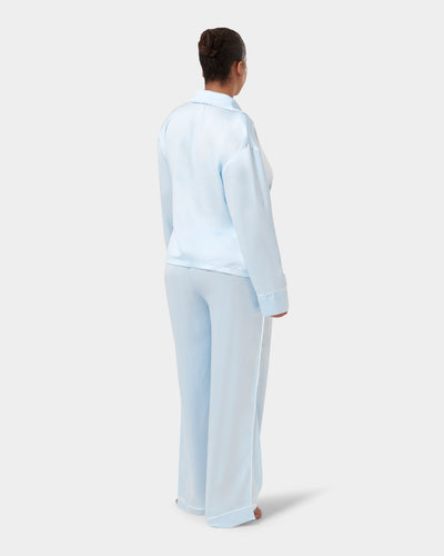 Sara Luxury Satin Long Set Ice Water Blue/White