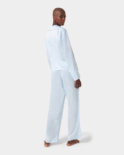 Sara Luxury Satin Long Set Ice Water Blue/White