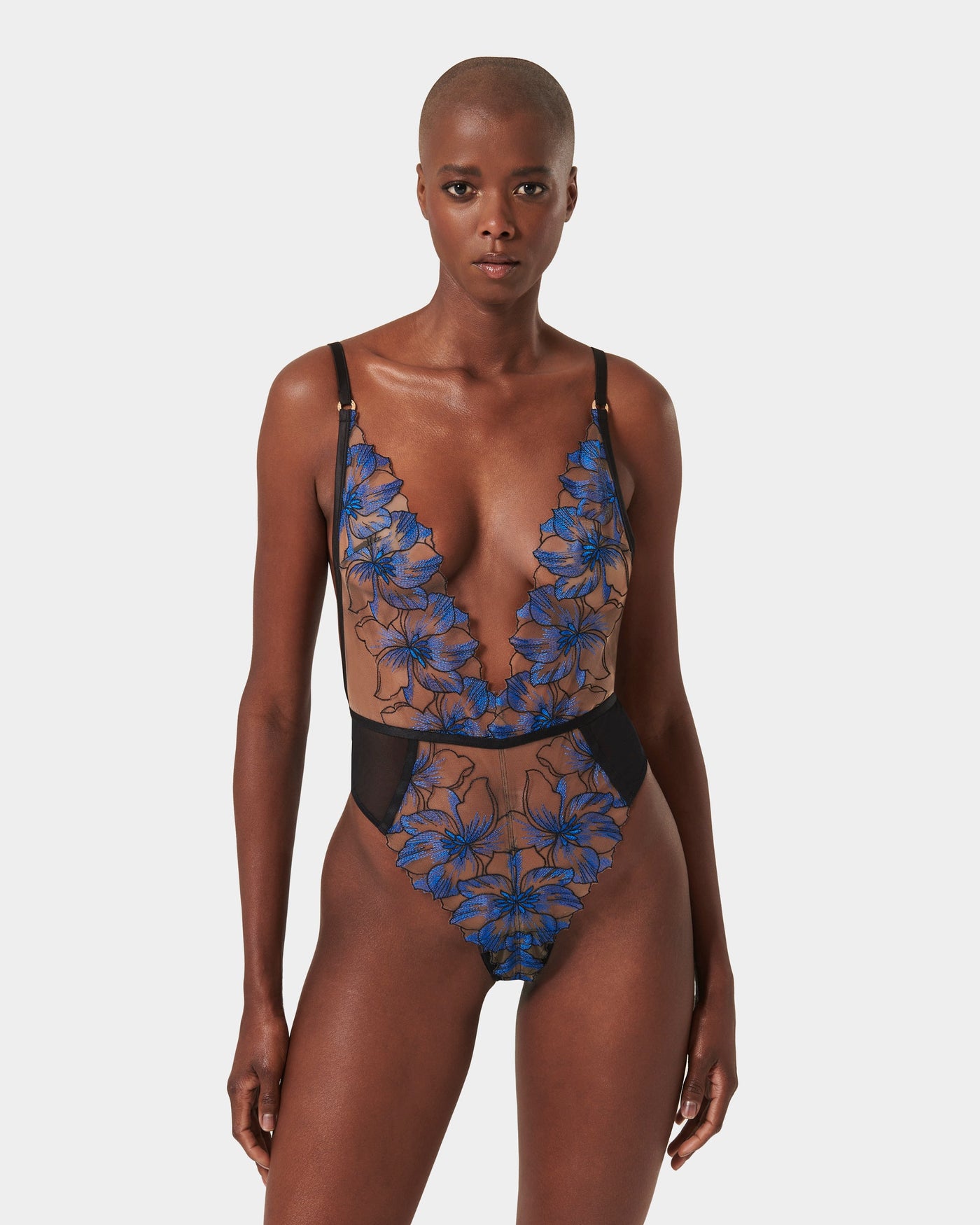 Lyandra Floral Embroidered Bodysuit Blue/Black/Sheer