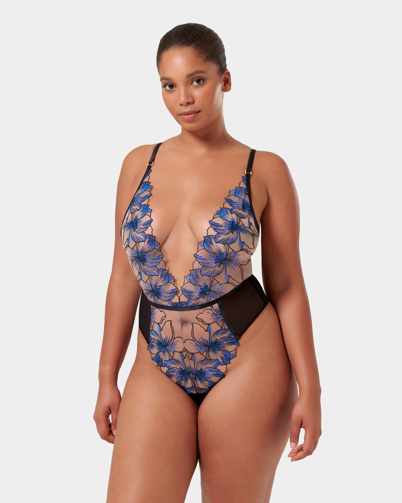 Lyandra Floral Embroidered Bodysuit Blue/Black/Sheer