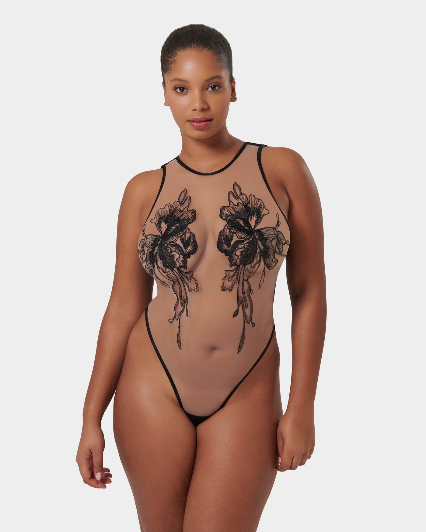 Safiya Embroidered Sheer Bodysuit Black