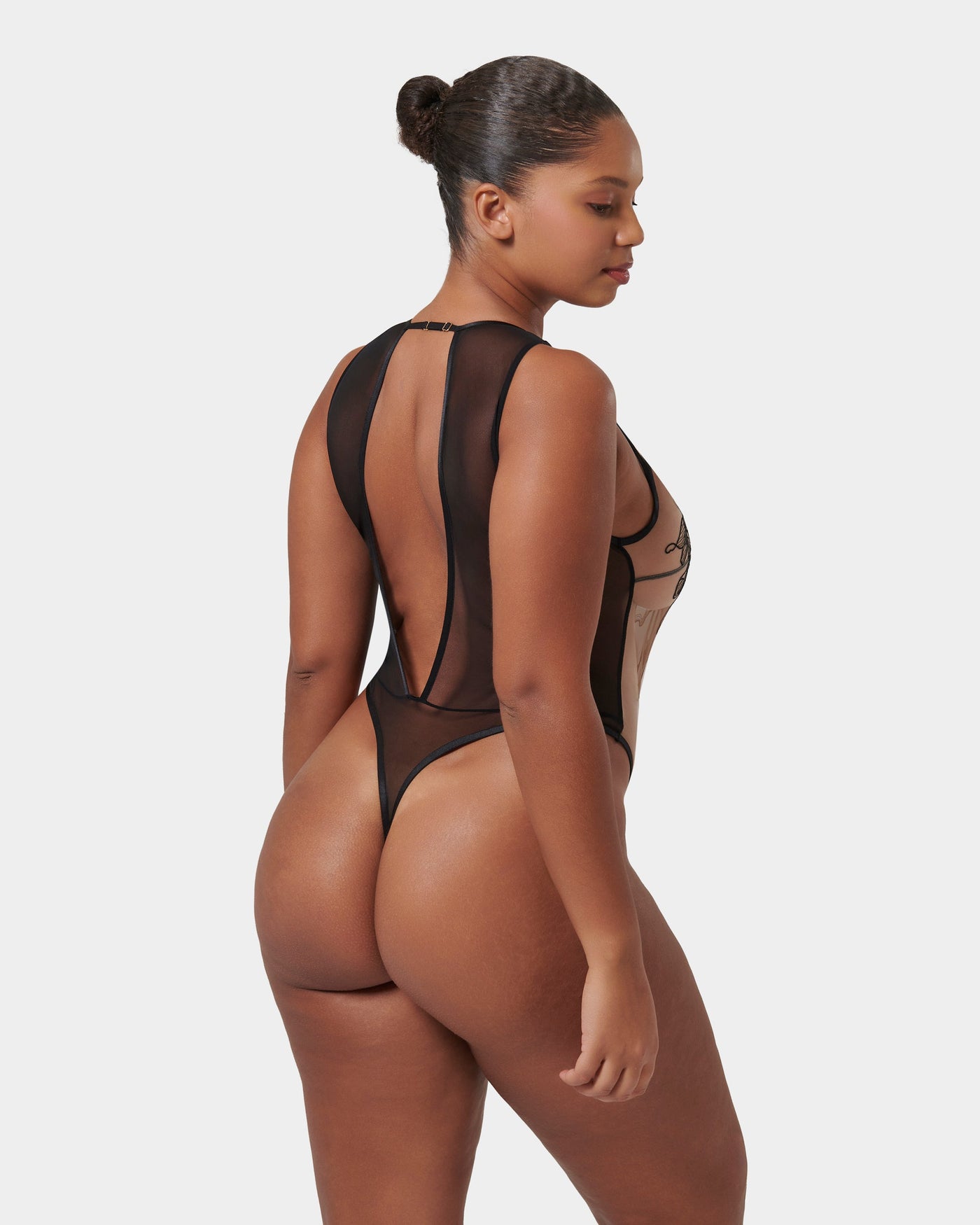 Safiya Embroidered Sheer Bodysuit Black