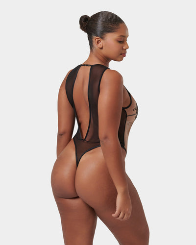 Safiya Embroidered Sheer Bodysuit Black