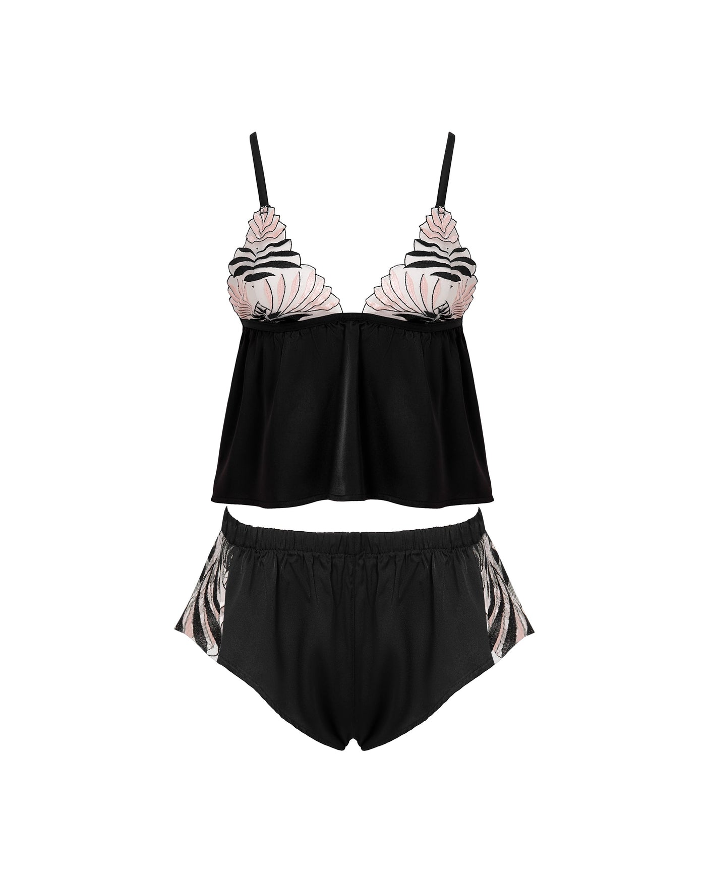 Katerine Luxury Satin Cami and Short Set Black/Pearl/Sheer