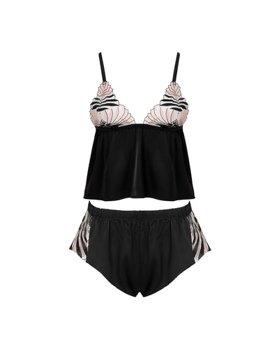 Katerine Luxury Satin Cami and Short Set Black/Pearl/Sheer