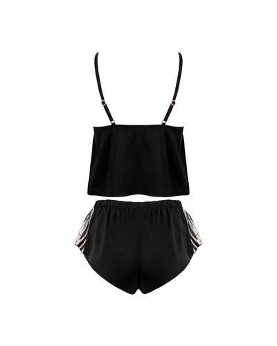 Katerine Luxury Satin Cami and Short Set Black/Pearl/Sheer