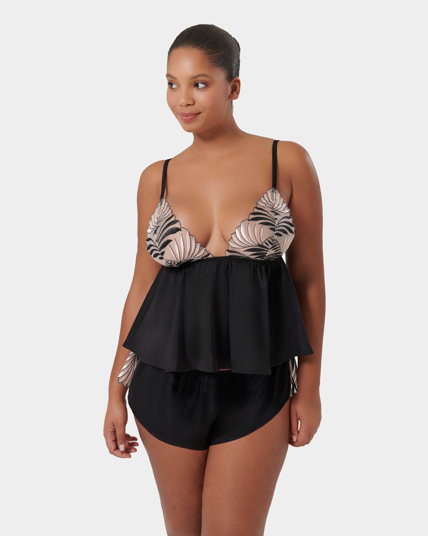 Katerine Luxury Satin Cami and Short Set Black/Pearl/Sheer