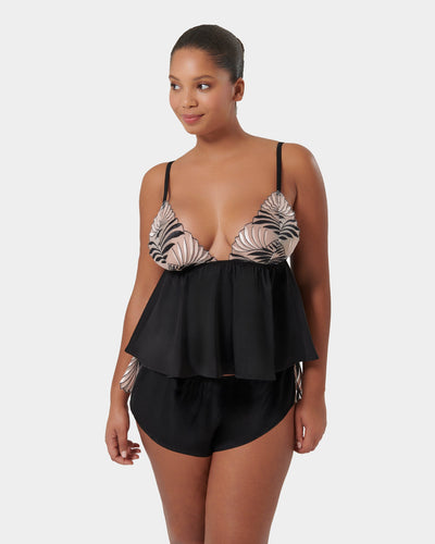 Katerine Luxury Satin Cami and Short Set Black/Pearl/Sheer