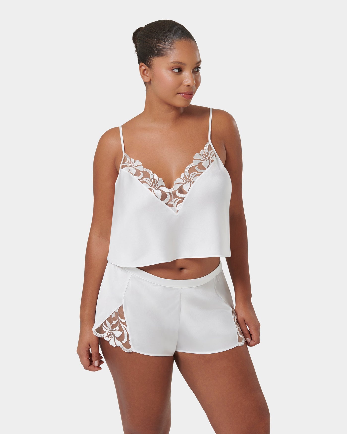 Leonora Luxury Satin Cami and Short Set White/Sheer