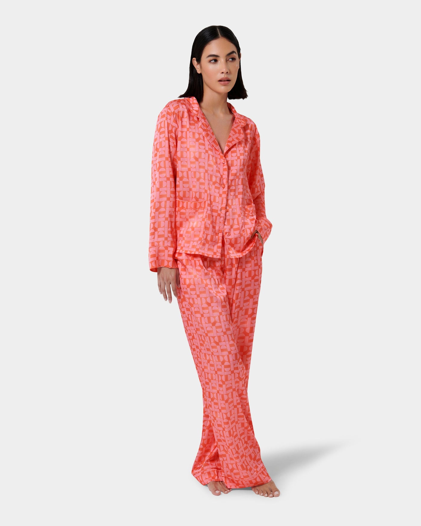 Tabitha Luxury Satin Long Pyjama Set Hot Coral/Dianthus Pink