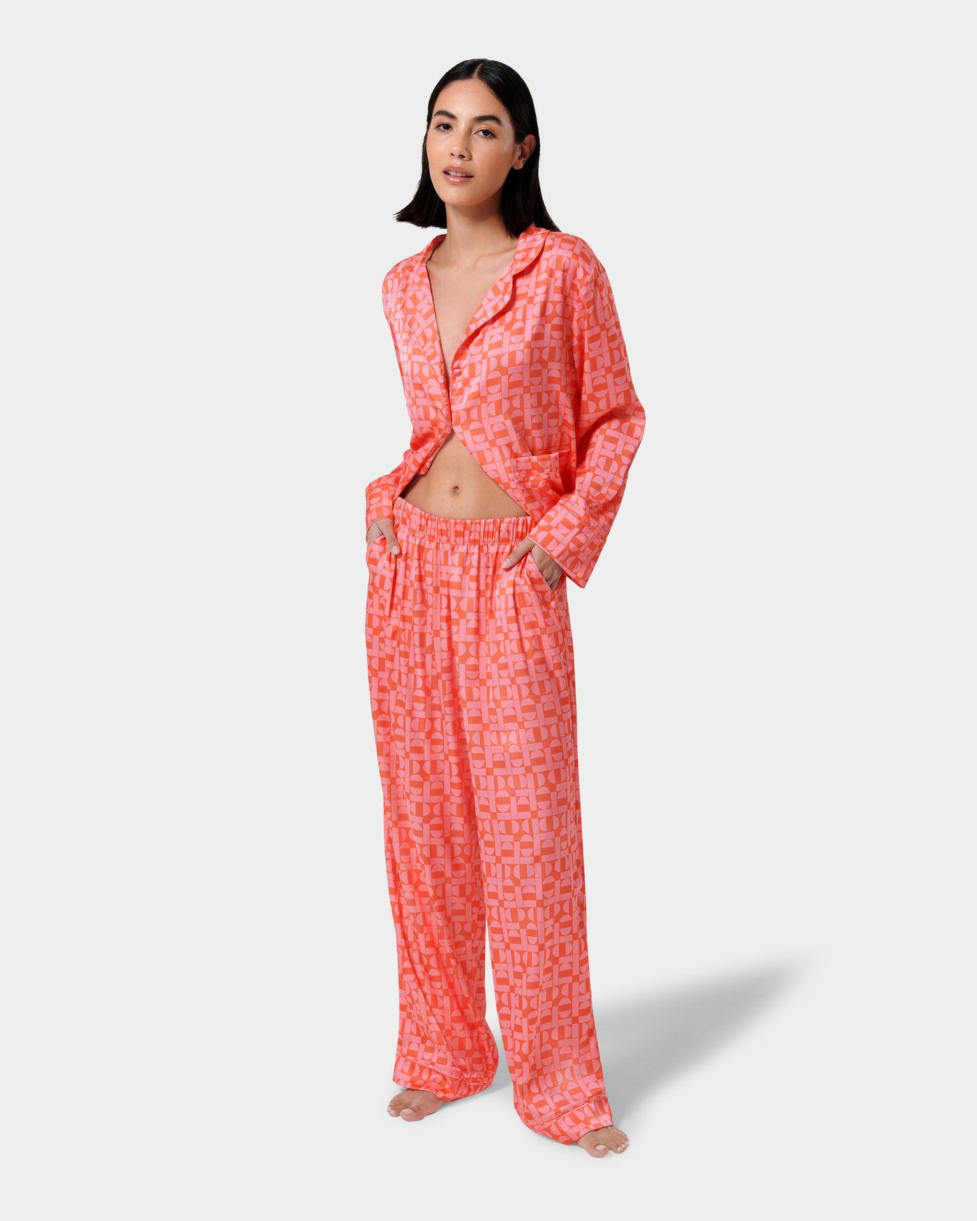 Tabitha Luxury Satin Long Pyjama Set Hot Coral/Dianthus Pink