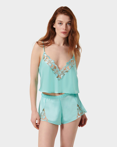 Leonora Luxury Satin Cami and Short Set Island Paradise Blue/Sheer