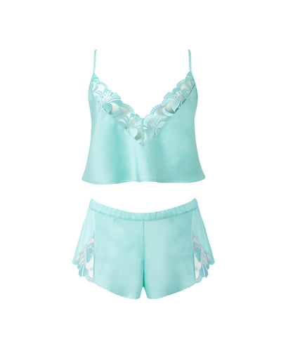 Leonora Luxury Satin Cami and Short Set Island Paradise Blue/Sheer