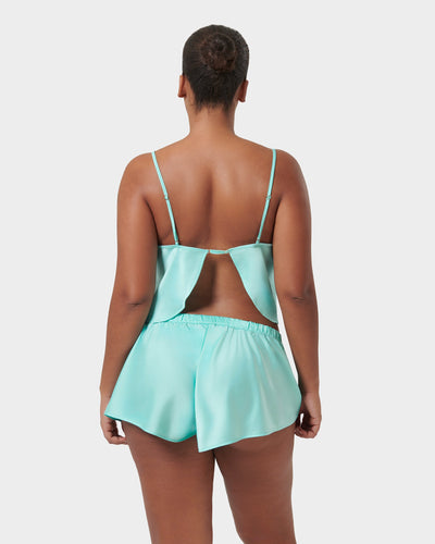 Leonora Luxury Satin Cami and Short Set Island Paradise Blue/Sheer