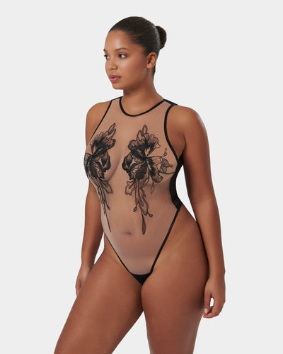 Safiya Embroidered Sheer Bodysuit Black